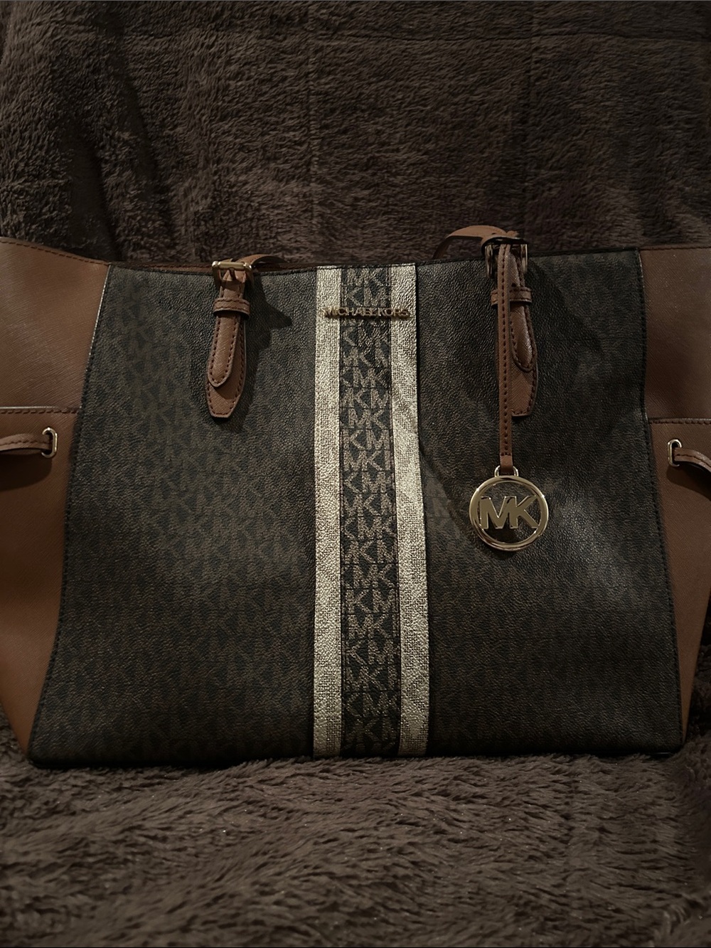 Michael Kors Brown and Silver MK Signature Messenger Bag